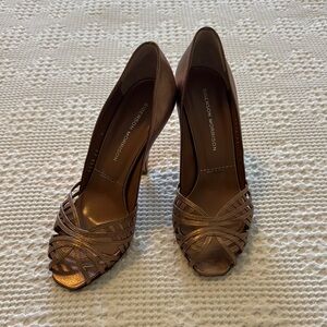 Sigerson Morrison Metallic Bronze Strappy Peep-Toe Heels